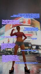 blonde_hair caption confident crop_top detroit:_become_human embarrassed female femdom gesture glasses gloom4_(artist) heels high_heels highres humiliated humiliation jean_shorts kara_(detroit:_become_human) laugh london looking_at_viewer masochism nerd nerdy_female ponytail public public_humiliation small_penis small_penis_humiliation smile smiling smiling_at_viewer spread_legs text
