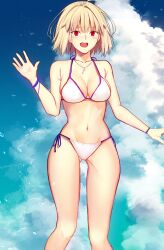 arcueid_brunestud bikini bird blonde_hair bracelet breasts cloud highres iro_(sekaixiro) jewelry large_breasts medium_breasts necklace red_eyes swimsuit sy thigh_gap tsukihime waving white_bikini