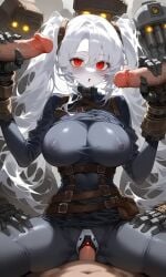 :o ai_generated aifurryv2 areolae_visible_through_clothing big_breasts big_breasts black_clothing cowgirl_position double_handjob expressionless glowing_eyes handjob large_breasts large_tits looking_at_viewer mechanical mechanical_arm mechanical_hands nameless_character oc open_mouth pixai pov red_eyes robot robot_girl robotic_arm robotic_parts silver_hair silver_skin small_mouth steampunk twintails under_clothes uniform vaginal_penetration visible_areolae white_body white_hair