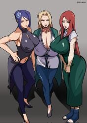 3girls airi_akura alternate_version_available apron big_breasts blonde_hair blue_hair brown_eyes cleavage clothing eyeshadow female female_only flower flower_in_hair footwear forehead_jewel full_body green_apron hair_ornament hand_on_hip konan large_breasts lips lipstick long_hair mature mature_female mature_woman milf mother naruto naruto_(series) nipple_bulge pants purple_eyeshadow red_hair red_lips red_lipstick textless textless_version tsunade uzumaki_kushina