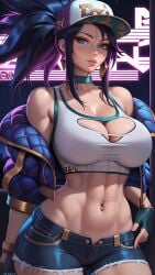 ai_generated akali bare_shoulders baseball_cap belly_button big_breasts breasts choker cleavage female female_focus female_only fingerless_gloves gloves hourglass_figure jacket jacket_open k/da_akali k/da_series large_breasts league_of_legends looking_at_viewer midriff navel_piercing neon_lights ponytail portrait riot_games seducing seduction seductive seductive_body seductive_eyes seductive_gaze seductive_look seductive_mouth seductive_pose seductive_smile shiny shiny_breasts shiny_clothes shiny_hair shiny_skin short_shorts shorts sky4maleja tank_top thick_thighs toned_stomach torn_clothes torn_clothing upper_body waist