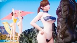 3d 3d_(artwork) 3girls beach big_ass big_penis bikini blackedr34 blonde_hair brown_hair choker d.va dark-skinned_male dark_skin discko_d.va erection fat_ass highres huge_cock interracial light-skinned_female light_skin looking_up mercy muscular muscular_male overwatch penis penis_against_belly seductive short_hair stretching string_bikini swimsuit tracer twintails veiny_penis