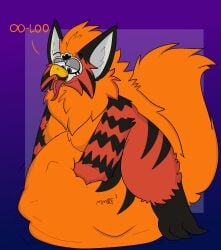 anthro beak belly big_belly big_ears breasts claws digital_media_(artwork) female fur furby furby_(species) hair hi_res kibble_(furby) mammal mane orange_body orange_fur overweight overweight_female simple_background smile solo stomach_bulge stripes tail tapiocadraws text toe_claws tongue tongue_out vore