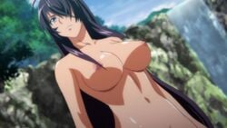 areolae breasts female hair_over_one_eye highres ikkitousen kanu_unchou large_breasts long_hair navel nipples nude purple_hair sagging_breasts screenshot standing very_long_hair