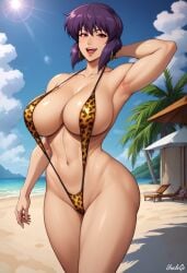 1girls abs ai_generated armpits athletic_female beach big_breasts breasts cavewoman cleavage cyborg earrings female ghost_in_the_shell ghost_in_the_shell_stand_alone_complex happy huge_breasts kusanagi_motoko large_breasts leopard_print leopard_print_bikini light-skinned_female light_skin milf muscles posing purple_hair red_eyes self_upload short_hair sling_bikini slingshot_swimsuit stable_diffusion standing unclego wide_hips