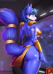 anthro armor bikini_armor blue_eyes blue_hair blush breasts doomthewolf female female_only fox furry gem hair_ornament headband highres jewelry krystal loincloth markings necklace nintendo open_mouth short_hair shoulder_pads solo star_fox tail tribal