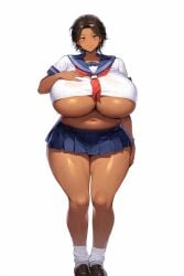 ai_generated belly belly_button big_breasts black_hair breasts breasts_bigger_than_head cleavage collarbone dark-skinned_female dark_skin female gigantic_breasts huge_breasts human major_chichisky massive_breasts revealing_clothes school_uniform schoolgirl schoolgirl_uniform serafuku solo sweat sweaty thick_thighs underboob