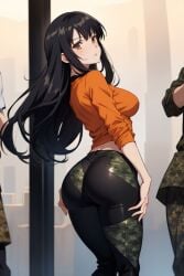 ai_generated anime_style ass back back_view background_characters backside big_ass big_butt black_clothing black_hair black_pants briana_(ramenchik) camouflage camouflage_pants clothed clothed_female clothes female female_focus foggy_background green_clothing green_pants hand_on_leg hand_on_thigh huge_ass huge_butt looking_back looking_back_at_viewer military_clothing military_pants orange_clothing orange_eyes orange_shirt pants slavic