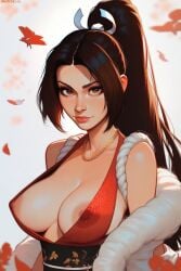 1girls big_breasts big_breasts breasts breasts breasts_out brown_eyes brown_hair cleavage female hair_ornament japanese japanese_clothes king_of_fighters light-skinned_female light_skin long_hair looking_at_viewer mai_shiranui nipple_slip nipples outdoors outside pov pov_eye_contact red_clothing see-through see-through_clothing showing_breasts smile smiling_at_viewer tied_hair undressing wardrobe_malfunction