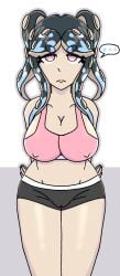 43soop big_ass big_breasts big_thighs black_hair blue_hair nipples_visible_through_clothing oc octarian octoling octoling_girl original_character pink_eyes pussy_visible_through_clothes splatoon splatoon_oc sports_bra tentacle_hair white_skin workout_clothes