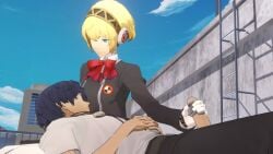 1080p 1080x1920 1920x1080 1boy aigis_(persona) animated blonde_hair blue_eyes blue_hair clothing female handjob human lazyprocrastinator lying lying_on_back makoto_yuki male manual no_sound pale_skin penis persona persona_3 persona_3_reload robot robot_girl rooftop short_hair tagme video