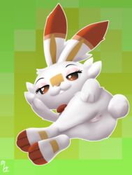 2019 anthro anus ass brown_eyes buckteeth female fur furry furry_only half-closed_eyes heart heart-shaped_pupils hi_res lagomorph looking_at_viewer looking_back mammal marrubi nintendo nude pokémon_(species) pokemon presenting presenting_anus presenting_hindquarters presenting_pussy pussy scorbunny seductive simple_background smile solo tail teeth toes video_games white_fur