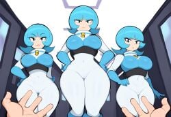 1boy 3girls adapted_costume ai_generated blue_hair bob_cut caught curvy dat_ass evil frown large_breasts looking_at_viewer mullon novelai pokemon pokemon_dppt pov smile team_galactic team_galactic_grunt_(female) team_galactic_uniform voluptuous wide_hips