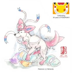 2_tails animal_genitalia animal_penis balls bodily_fluids canid canine canine_genitalia canine_penis cum eeveelution fennec_(artist) feral generation_6_pokemon genital_fluids genitals grinding humping knot male mammal masturbation multi_tail multiple_orgasms nintendo orgasm penis pillow pillow_humping pokemon pokemon_(species) ribbons solo sylveon tail