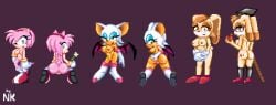 amy_rose large_breasts medium_breasts nk2000 pixel_art purple_background rouge_the_bat sega sonic_(series) sonic_the_hedgehog_(series) vanilla_the_rabbit