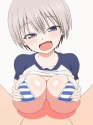 animated bra breasts censored cleavage engulfing_paizuri huge_breasts human large_breasts looking_at_viewer paizuri paizuri_under_clothes penis pov sakurai_shinichi short_hair straight tip_peeking tonkotu102 uzaki-chan_wa_asobitai! uzaki_hana