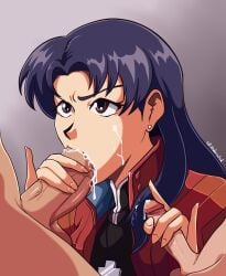 1girls 2boys artist_watermark big_penis blank_background blowjob cum cum_in_mouth cum_inside cum_on_cheek cum_on_face earring fellatio female hand_on_penis handjob looking_at_partner male misato_katsuragi neon_genesis_evangelion oral oral_creampie oral_sex penis penis_in_mouth purple_hair purple_hair_female s0_underrated smaller_penis sucking sucking_penis threesome uniform unseen_male_face