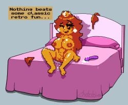 8_bit bed black_eyes chabble dildo fingering_pussy mario_(series) post_transformation princess_peach princess_peach_sprite_redraw_(meme) princess_toadstool red_hair retro sprite sprite_art super_mario_bros._(nes) text text_bubble