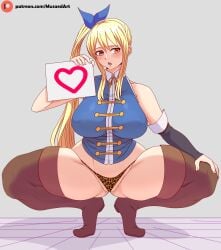 1girls big_breasts blonde_hair brown_eyes busty cleavage fairy_tail heart hi_res legs long_hair lucy_heartfilia musaed_art navel squatting thick_thighs thighs voluptuous wide_hips