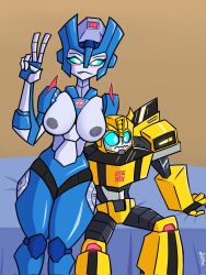 biting_lip biting_own_lip blue_eyes blush bumblebee_(transformers) chromia grey_nipples horns medium_breasts nipples peace_sign redartist straight topless transformers