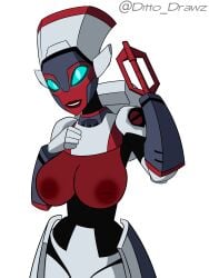 1girls big_breasts blue_eyes breasts inverted_nipples nipples panties red_alert red_alert_(femme) red_lipstick red_nipples robot robot_girl robot_humanoid rookie115 solo solo_female transformers transformers_animated white_background white_panties