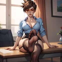 ai_generated big_breasts black_stockings busty cleavage eogard_orc foot_fetish garter_straps looking_at_viewer office office_chair office_lady overwatch presenting_foot sitting_on_desk tracer