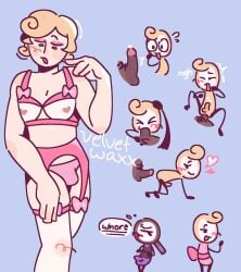 2boys anal_sex angry blonde_hair blowjob bow bra bulge bulge_through_clothing dandy's_world erection eyeshadow femboy garter_belt gijinka glisten_(dandy's_world) heart_nipples humanized lingerie male_lingerie male_only precum rodger_(dandy's_world) shocked velvetwaxx yaoi