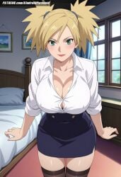 ai_generated aindroidparanoid big_breasts blonde_hair boruto:_naruto_next_generations breasts buns cleavage female female_only green_eyes huge_breasts indoors large_breasts lips lipstick mature mature_female mature_woman milf miniskirt mommy narrow_waist naruto naruto_(classic) naruto_(series) ninja nipples office office_lady parted_lips shirt short_hair skirt slim_waist spiked_hair stable_diffusion taller_girl temari