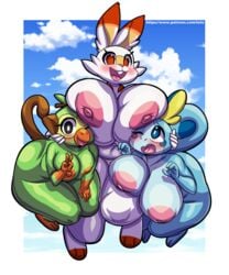 2019 2019s 3girls anthro anthrofied areola ass belly big_breasts big_butt biped blue_eyes blush breasts chubby deep_navel fabianoferreira female female_focus female_only furry grookey group huge_breasts looking_at_viewer navel nintendo nipples nude open_mouth open_smile orange_eyes patreon pokémon_(species) pokemon pokemon_ss pokemorph pussy scalie scorbunny smile sobble teeth text thick_thighs tongue toto_draw url video_games voluptuous watermark wide_hips