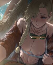 1girls absurdres backlighting bare_shoulders blonde_hair blush braid breasts breasts_out clothes_pull collarbone female freckles gemma_(monster_hunter_wilds) goggles goggles_around_neck heavy_breathing hews_hack highres indoors large_breasts looking_at_viewer monster_hunter_(series) monster_hunter_wilds navel nipples off_shoulder parted_lips pov puffy_nipples shirt_pull side_braid sketch straddling sweat tent upper_body