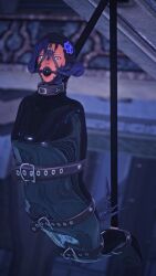 1girls au_ra ball_gag belt belt_bondage bondage collar final_fantasy final_fantasy_xiv gag gagged harness_ball_gag harness_gag kisa_kha latex looking_at_viewer scared sleepsack suspension xaela