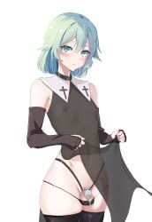 1boy absurdres chastity_cage chastity_device choker collar dch6898013 elbow_gloves flat_chastity_cage gloves green_eyes green_hair highres looking_at_viewer nun original otoko_no_ko penis penis_piercing piercing short_hair stockings thighhighs