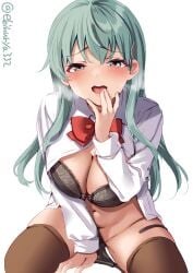 aqua_hair black_bra black_panties blush bow bow_bra bowtie bra breasts brown_thighhighs cleavage commentary_request ebifurya female green_eyes hair_ornament hairclip hand_to_own_mouth highres kantai_collection large_breasts long_hair long_sleeves looking_at_viewer navel one-hour_drawing_challenge open_clothes open_mouth open_shirt orange_bow orange_bowtie panties panty_pull shirt sidelocks simple_background sitting solo suzuya_(kantai_collection) suzuya_kai_ni_(kantai_collection) thighhighs twitter_username underwear white_background white_shirt