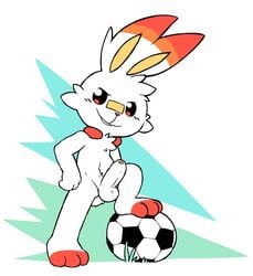 1boy abstract_background anthro anthrofied ball buckteeth erection feet foreskin fur furry grass hands_on_hip lagomorph looking_at_viewer male male_only mammal nintendo no_nipples nude oob penis plaster pokémon pokémon_(species) pokemon_ss pose pubes scorbunny smile soccer_ball solo standing teeth testicles uncut video_games