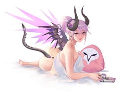 1girls alternate_costume anne_he ass female female_only imp_mercy looking_at_viewer mercy overwatch purple_eyes purple_hair solo tongue_out wings