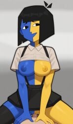 1girls ai_assisted areolae bangs black_eyes black_hair blue_body blue_skin bob_cut breasts colored_skin ena ena_(series) grey_background joel_g knightnyan multicolored_nipples nipples pov pussy sex shirt shirt_lift short_hair skirt straddling two_tone_body yellow_body yellow_skin