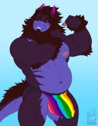 absurd_res alternate_form anthro arm_tuft axel_(lazydergenboi) beard belly chest_tuft clothed clothing corrupted dragon elbow_tuft facial_hair felid flexing hi_res hybrid jockstrap jockstrap_only lgbt_pride lion male mammal mane muscular muscular_male mythological_creature mythological_scalie mythology nelldemon nipples pantherine pride_color_clothing pride_colors purple_body red_eyes scalie smile solo tail tail_tuft topless tuft underwear underwear_only wrist_tuft