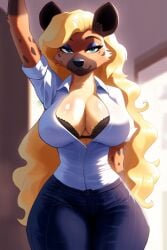 ai_generated blonde_hair blue_eyes blush cleavage extra_long_hair eyeshadow female female_focus female_only furry furry_female furry_focus furry_only hands_behind_head hyena hyenid large_breasts looing_at_viewer majorfluffy mature_female novelai office_lady office_wear overflowing_cleavage pants tight_clothes tight_clothing unbuttoned_shirt wavy_hair wet_shirt