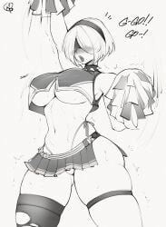 1girls bay_(nikke) bay_(nikke)_(cosplay) big_breasts breasts cheerleader cheerleader_uniform choker cleavage crossover female female_only goddess_of_victory:_nikke large_breasts lips microskirt midriff miniskirt navel nier:_automata panties short_hair side-tie_panties skirt spiked_collar thick_thighs thighhighs torn_pantyhose underboob underwear yorha_2b