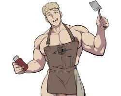 1boy apron apron_only big_muscles big_nipples big_pecs blond_male blonde blonde_hair_male delicious_in_dungeon dungeon_meshi huge_cock idoraad laios_touden lilprincyvi muscular_male simple_background solo_male yellow_eyes