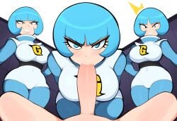 1boy 3girls adapted_costume ai_generated blowjob blue_hair bob_cut caught curvy erection evil frown imminent_sex large_breasts looking_at_viewer mullon novelai oral penis pokemon pokemon_dppt pov rape smile team_galactic team_galactic_grunt_(female) team_galactic_uniform voluptuous wide_hips