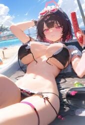 ai_generated big_breasts bikini black_bikini ellen_joe large_breasts looking_at_viewer lying_on_back red_eyes sunglasses_on_head tagme zenless_zone_zero