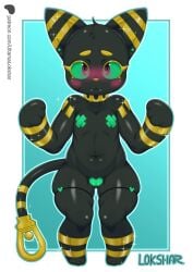 anthro black_body black_fur blush blush_lines domestic_cat ear_piercing facial_scar felid feline felis female flat_chested front_view fur fur_pattern gold_(metal) gold_markings green_sclera grey_eyes head_tuft hi_res jewelry looking_at_viewer maebari mammal markings mau_(pal) navel nipple_tape pal_(species) palworld pasties piercing pocketpair scar short_stack smile solo sparkles standing tagme tail tail_markings tape text tuft ultama_lokshar_(artist) url