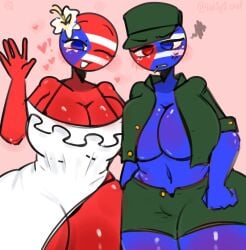 2girls big_breasts countryhumans countryhumans_girl cuba_(countryhumans) exposed_breasts kak0yt0_chel puerto_rico_(countryhumans) thighs unbuttoned_pants