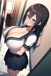 ai_generated anime_style big_breasts blue_eyes breasts breasts_bigger_than_head frosting.ai high-angle_view huge_breasts large_breasts school_uniform schoolgirl skirt startled surprised