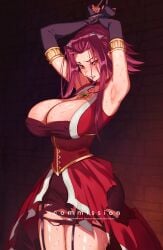 akiza_izinski arms_up blush brown_eyes captured clothing collar female gloves hi_res huge_breasts izayoi_aki large_breasts nervous red_hair sumustard sweatdrop tied_hands torn_clothes voluptuous yu-gi-oh! yu-gi-oh!_5d's