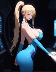 1girls ai_generated bimbo blonde_hair blue_eyes huge_breasts lewdwaifulaifu looking_at_viewer metroid nintendo ponytail samus_aran slim_waist