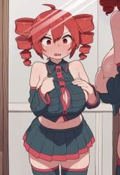 artist_request clothed huge_breasts kasane_teto looking_in_mirror red_hair thick_thighs thighhighs utau