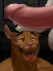 3:4 ahe_gao anthro balls bodily_fluids cougar dripping drooling duo felid feline genital_fluids genitals hand_on_head hi_res humanoid_genitalia humanoid_penis looking_pleasured looking_up male male/male mammal open_mouth penis precum precum_drip saliva shenanart tongue tongue_out