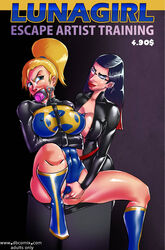 2girls blonde_hair bombshell bondage boots bound breasts busty cleavage costume dbcomix dominatrix drooling erect_nipples eyes_closed female female_only femdom femsub fetishhand fingering gag gagged glasses helpless humiliation large_breasts latex leather lezdom lunagirl mouth_gag multiple_girls nipple_bulge nipples pokies punished restrained restraints rubber slave straitjacket superheroine training uniform yuri